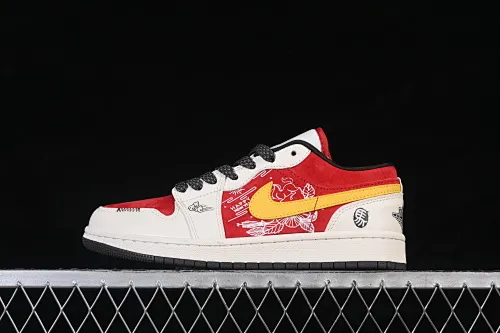 All categories Air Jordan Jordan series basketball shoes Air Jordan 1 Low high-end customized low-top sneakers Air Jordan 1 Low AJ1 Joe 1 Year of the Horse limited edition red, white and yellow high-end customized low-top retro basketball shoes JP2026-165